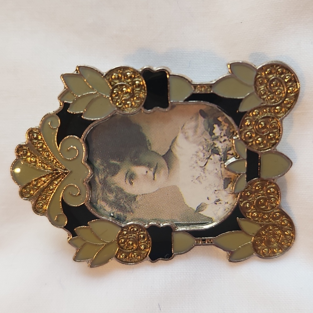 Victorian Style Brooch Photo Frame Enameled Gray Black Gold On Silver NWOT